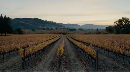 Poster - Serene autumn vineyard landscape at sunrise, rows of grapevines stretching to distant hills.