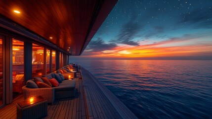Aufkleber - As the sun sets on the horizon, a luxury boat offers a serene view of the colorful sky while cozy seating invites relaxation by the ocean.
