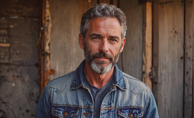 Poster - Man with a beard and gray hair is wearing a blue jacket. He is standing in front of a wooden door