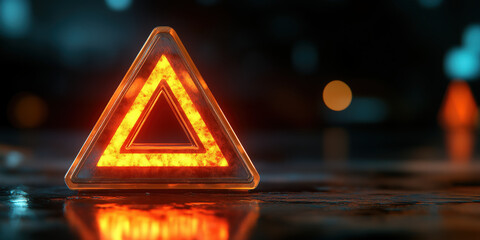 Poster - Illuminated triangular warning sign with glowing edges in dark setting