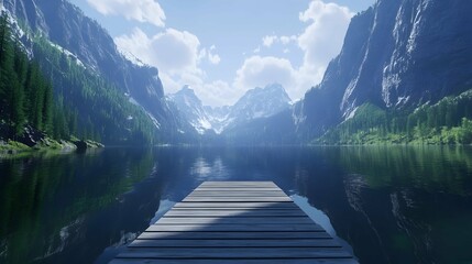 Poster - Serene mountain lake with wooden dock, reflecting the majestic peaks and clear sky.