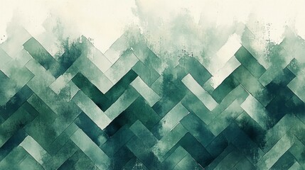 Poster - Captivating watercolor artwork features intricate green and white lines weaving in a herringbone pattern, creating a serene and soothing visual experience that reflects the essence of nature