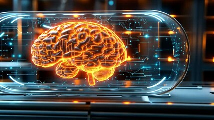 Poster - 4k ai footage of a glowing brain in a futuristic glass display within a tech environment