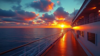 Poster - As the sun sets over the horizon, the sky transforms into a canvas of vibrant colors. A cruise ship deck offers a stunning view of the tranquil ocean and illuminated surroundings.