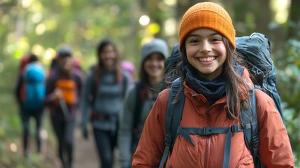 Wall Mural - young girl leads a group of hikers on a nature trail in a lush forest setting on a sunny day
