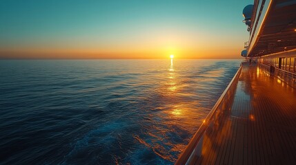 Poster - The sun slowly sets over the horizon, casting warm hues across the tranquil waters. A cruise ship's deck reflects the vibrant colors of the sky as waves gently lap at its side.