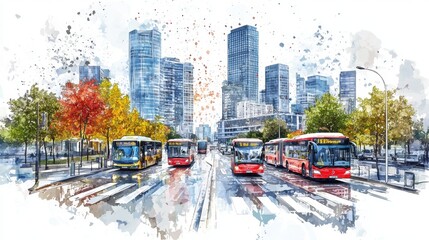 Naklejka na meble A vibrant cityscape featuring buses and skyscrapers amidst colorful trees and reflections on wet streets.