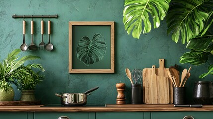 Mockup of picture frames hanging on the kitchen wall and kitchen utensils arranged