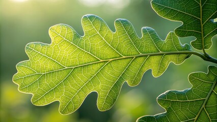 Poster - A leaf of an oak tree is shown in a bright green color