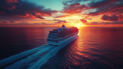 Poster - A large cruise ship glides through tranquil ocean waters as the sun sets, casting a warm glow on the horizon with vibrant colors illuminating the sky.