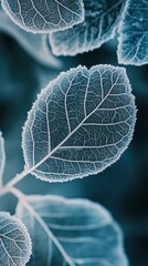Aufkleber - Delicate frost coats the intricate veins of leaves, creating a stunning contrast against the cool blue backdrop. Nature's beauty shines as winter envelops the scene in tranquility