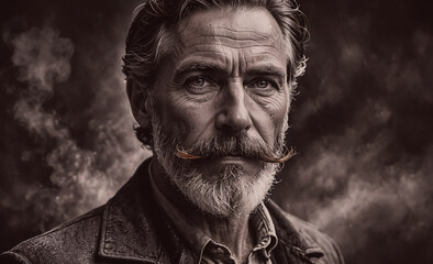 Poster - Man with a mustache and gray hair. He is wearing a jacket. The jacket is black