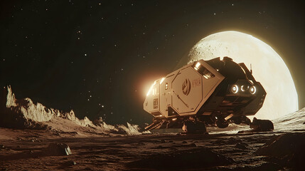 Wall Mural - spaceship on alien planet at night with a large moon.