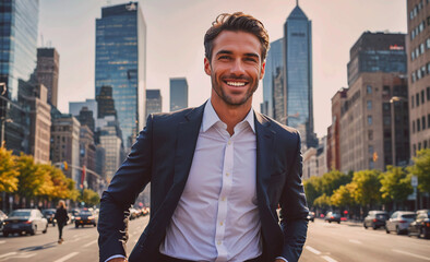 Poster - Man in a suit and white shirt is smiling in front of a city skyline. He is standing on a street with cars and a bus in the background