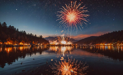Poster - Fireworks display is taking place over a lake. The fireworks are lit up in the night sky