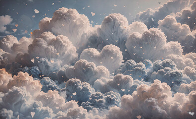 Poster - Cloud filled with white clouds and hearts. The hearts are scattered throughout the clouds