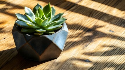 Wall Mural - succulent plant in geometric pot on wooden table in sunlight.