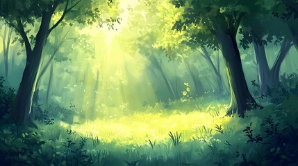 Wall Mural - sunbeams illuminate a lush, green forest clearing, creating a magical, peaceful atmosphere.