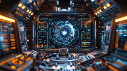 Futuristic spaceship bridge interior with holographic display and control panels.