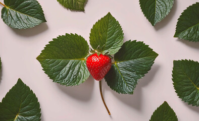 Aufkleber - Red strawberry is on a leaf. The leaf is green