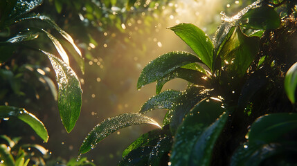 Wall Mural - sunlit dew-covered leaves in lush green forest.