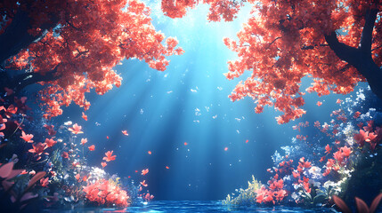 Poster - A serene scene of vibrant red trees and soft blue light illuminating a tranquil water surface, creating a magical forest atmosphere