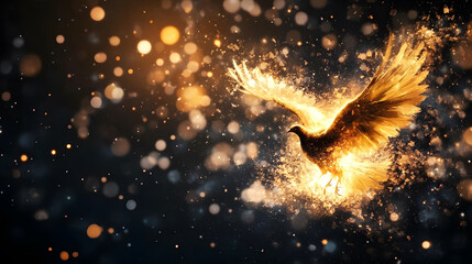 Poster - A majestic golden bird with glowing wings takes flight amidst a backdrop of shimmering particles, creating a magical and ethereal atmosphere
