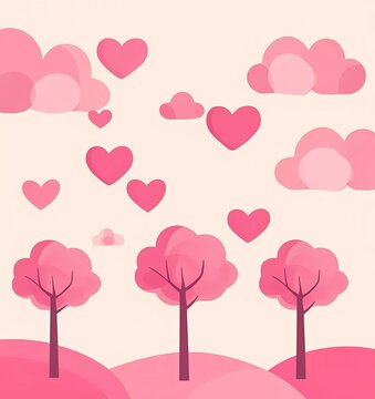 Valentine's day background vector illustration with pink trees and clouds, simple shapes, cute style, vector art, flat design, pink color palette, love concept, 
