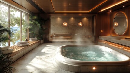 Aufkleber - A tranquil spa environment featuring a spacious hot tub surrounded by wooden accents and plants, with sunlight streaming through large windows.