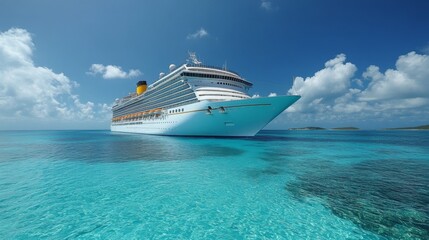 Poster - A majestic cruise ship glides through crystal-clear turquoise waters, surrounded by a bright blue sky. The sun shines down, creating a perfect day at sea.