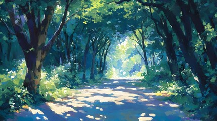 Wall Mural - sunlit path through lush green forest canopy, creating a vibrant, idyllic scene.