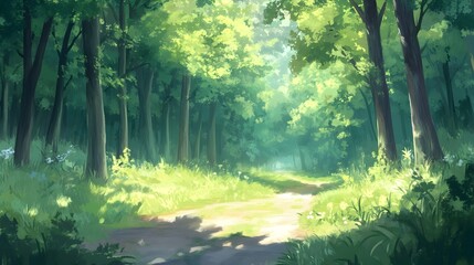 Wall Mural - sunlit path through lush green forest, trees, grass, sunlight.