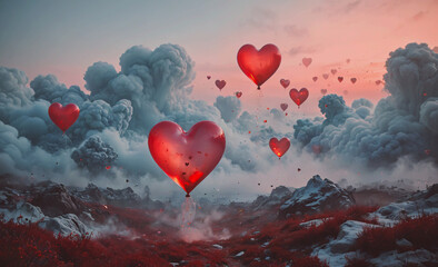 Poster - bunch of red balloons with hearts on them are flying in the sky. there are at least nine balloons in