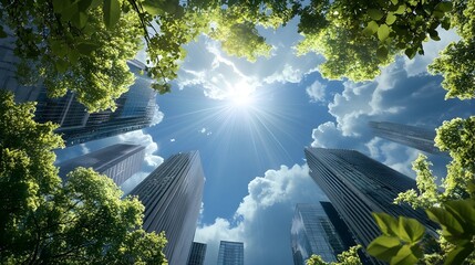 Wall Mural - sunlit skyscrapers peek through lush green foliage, a vibrant urban nature scene.