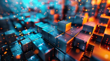 Poster - An abstract technology background with blue and orange square shapes on a dark blue background.