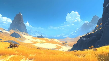 Wall Mural - Sunny day in a vast, golden grassland with towering rock formations under a bright blue sky and fluffy white clouds.