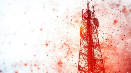Poster - Red Communication Tower with Abstract Background Illustrating Technology, Connectivity, and Modern Infrastructure in a Vibrant Digital Artistic Style