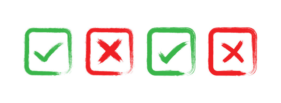 brush check mark icon button set. check box icon with right and wrong buttons and yes or no checkmark icons in green tick box and red cross.