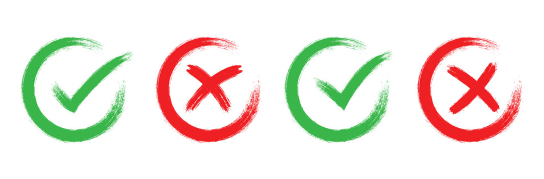 brush check mark icon button set. check box icon with right and wrong buttons and yes or no checkmark icons in green tick box and red cross.