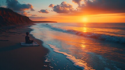 Poster - As the sun sets over the horizon, an individual sits in meditation on the sandy beach, reflecting on the tranquil environment filled with gentle waves and vibrant colors.