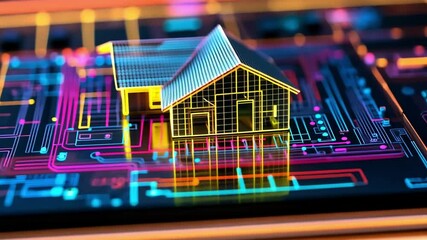 Poster - visual representation of a futuristic house design on a digital circuit board