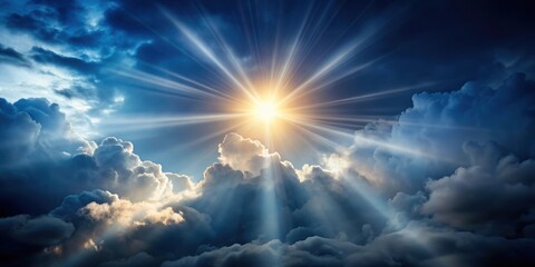 Wall Mural - Bright light shining through dramatic clouds in a dark sky, light, bright, shining, dramatic, clouds, dark, sky, weather