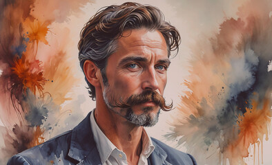 Poster - Man with a mustache and a blue suit. He is wearing a white shirt. The man is looking at the camera