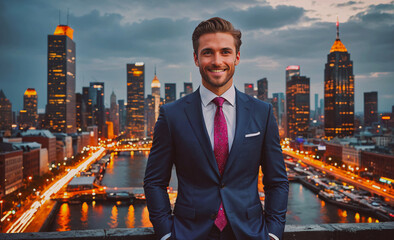 Poster - Man in a suit and tie stands on a bridge in a city. He is smiling and looking at the camera