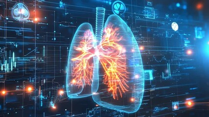 Poster - AI generated visualization of human lungs with glowing details and digital data analysis overlay