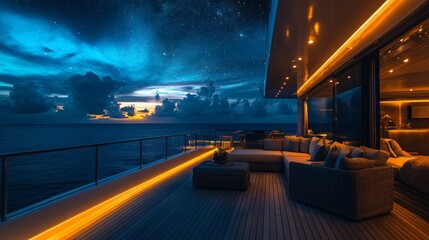 Poster - The spacious deck of a luxury yacht is illuminated by amber lights as the sun sets over the tranquil ocean. The sky transitions to a starlit canvas, creating a peaceful ambiance.