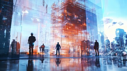 Poster - Professionals gathered to witness the mesmerizing blend of futuristic architecture and digital construction methods, illuminated by vibrant sunset hues over a bustling cityscape