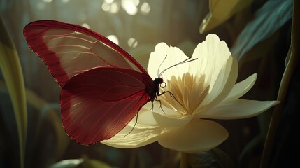 Wall Mural - A vibrant red butterfly perched on a delicate white flower in a lush environment.