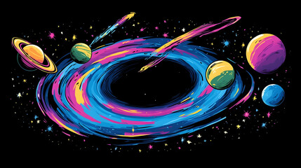 Wall Mural - vibrant cosmic swirl with planets and comets orbiting a black hole in space.