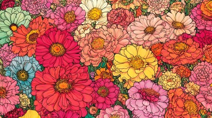 Wall Mural - Vibrant illustration of a dense array of colorful flowers, including daisies, peonies, and zinnias, rendered in a detailed hand-drawn style.